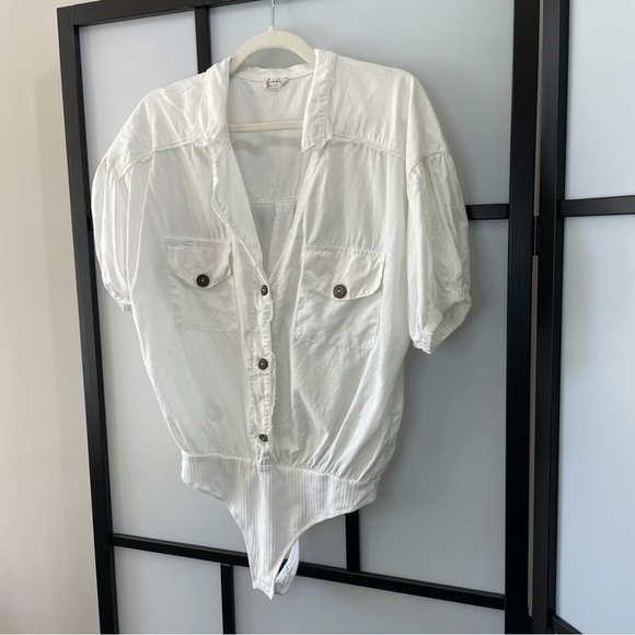 [m] Free People Boho White Brown Button Cotton Linen Blend Body Suit Women’s - Picture 3 of 13
